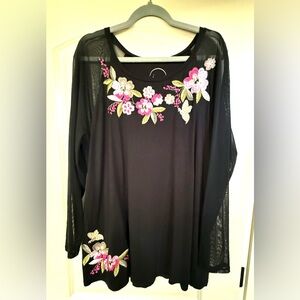Floral Beaded Embroidered Sz 3X Black Top